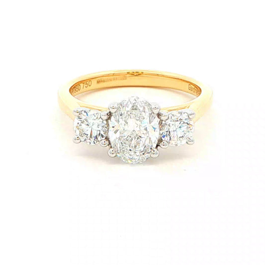 Yellow Gold Oval and round brilliant cut diamond 3 stone ring - 1.82cts Gardiner Brothers