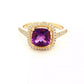 Cushion shaped amethyst and round brilliant cut diamond halo cluster ring Gardiner Brothers