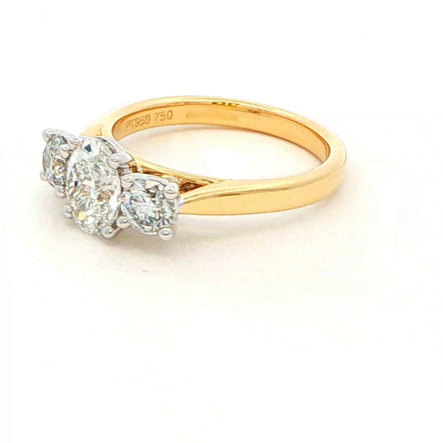 Yellow Gold Oval and round brilliant cut diamond 3 stone ring - 1.64cts Gardiner Brothers