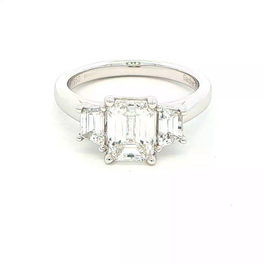Emerald and Trapezoid cut diamond 3 stone ring - 2.00cts Gardiner Brothers