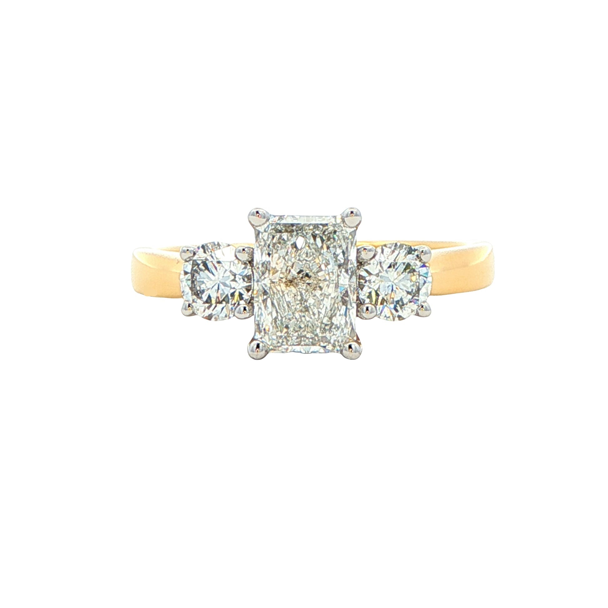 Yellow Gold Radiant and round brilliant cut diamond 3 stone ring - 1.51cts Gardiner Brothers