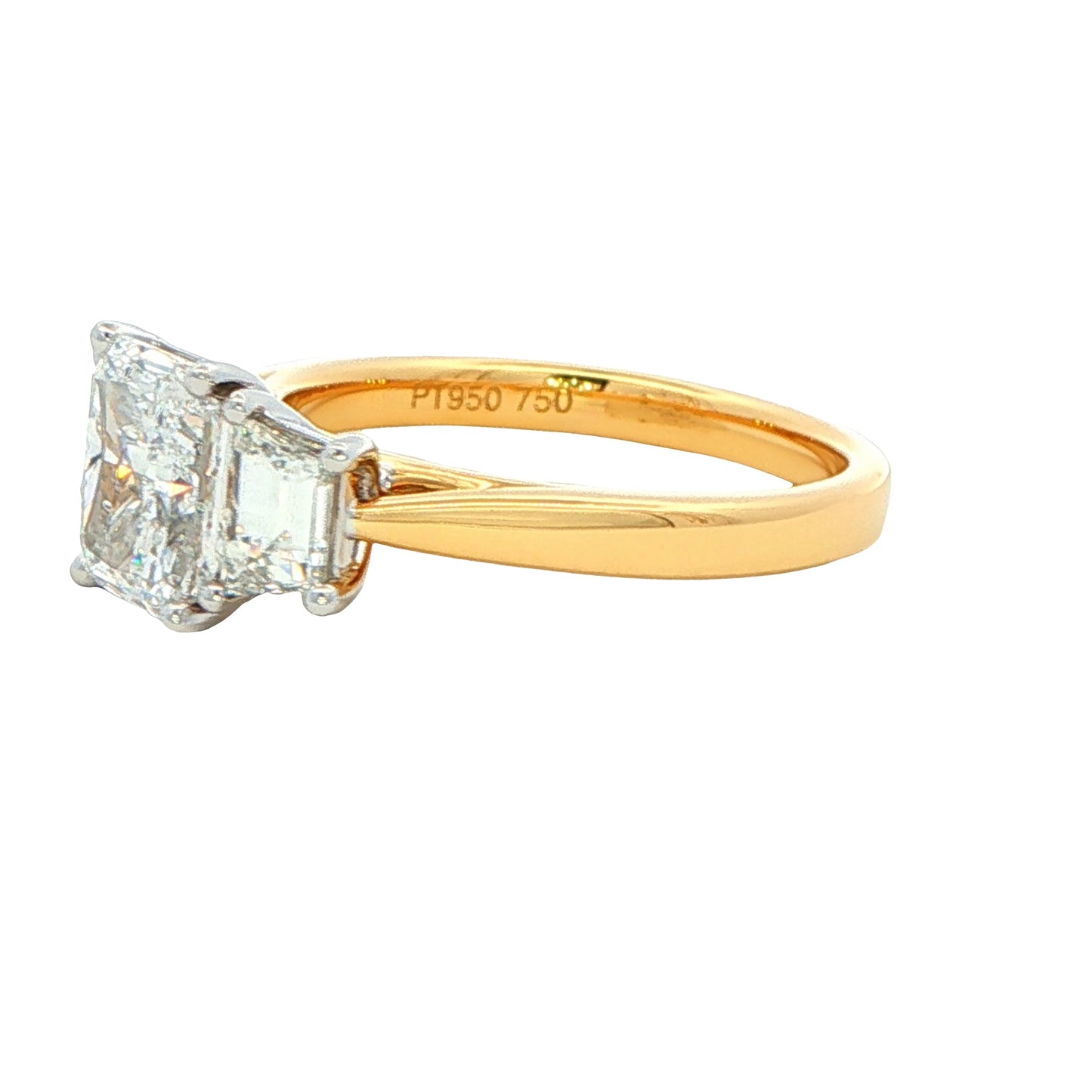 Radiant and step-cut trapezoid diamond 3 stone ring - 2.36cts