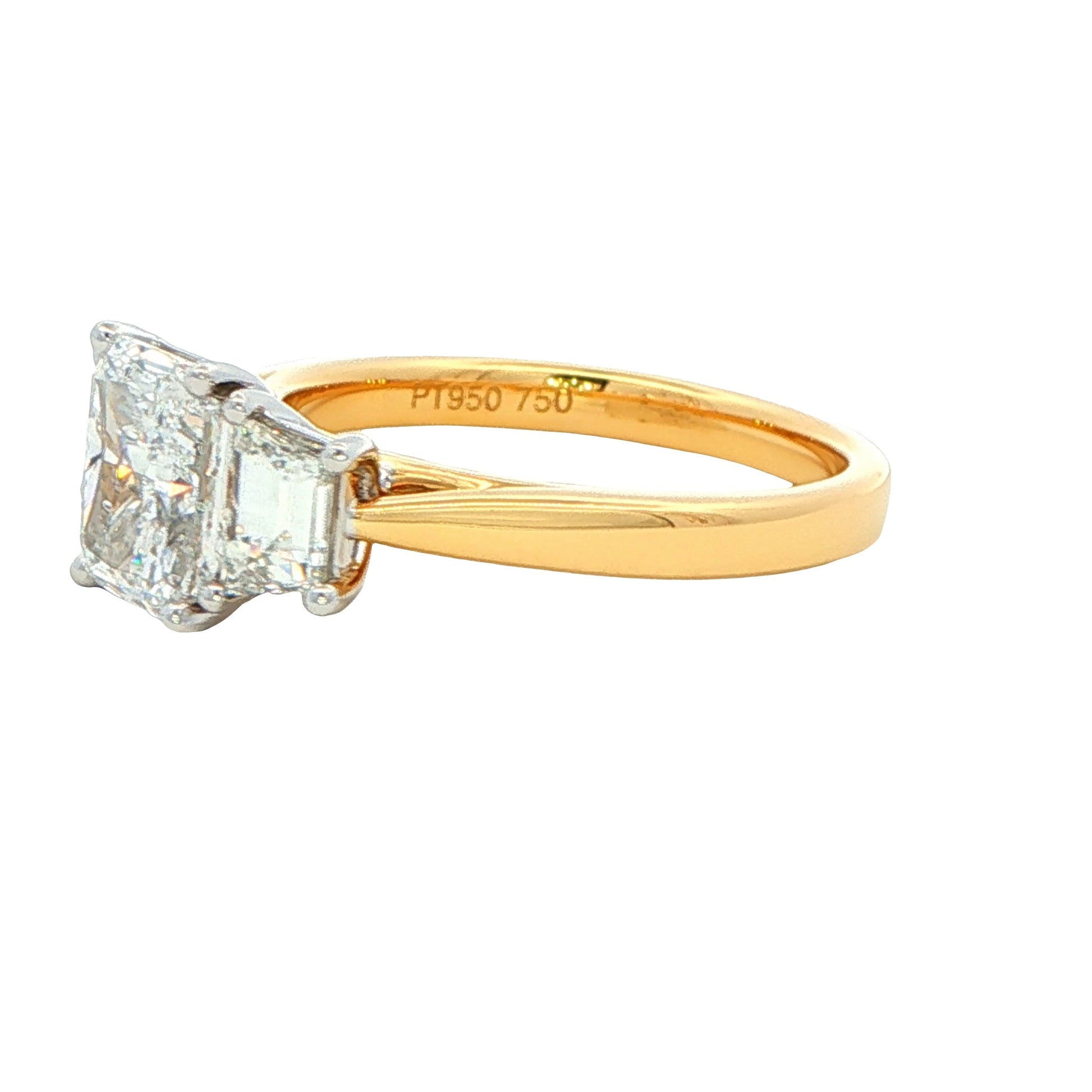 Yellow Gold Radiant and step-cut trapezoid diamond 3 stone ring - 2.36cts Gardiner Brothers