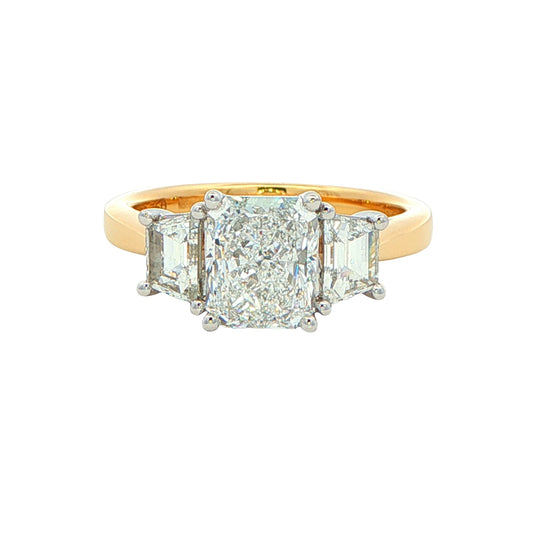 Yellow Gold Radiant and step-cut trapezoid diamond 3 stone ring - 2.36cts Gardiner Brothers