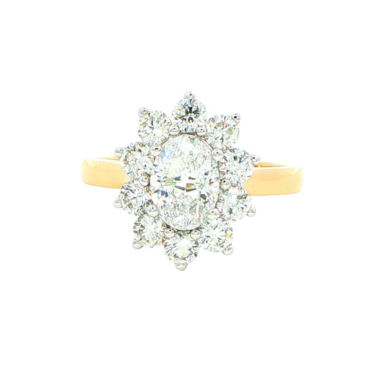 Yellow Gold Oval shaped diamond and 10 round brilliant cut diamond cluster style ring - 1.92ct Gardiner Brothers