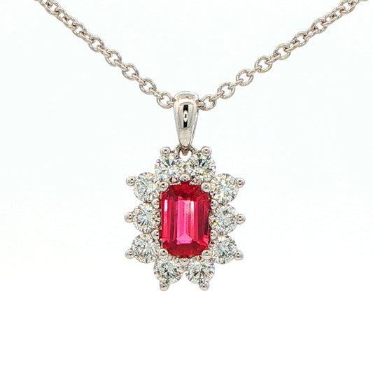 Octagonal shaped Ruby and round brilliant cut diamond cluster style pendant