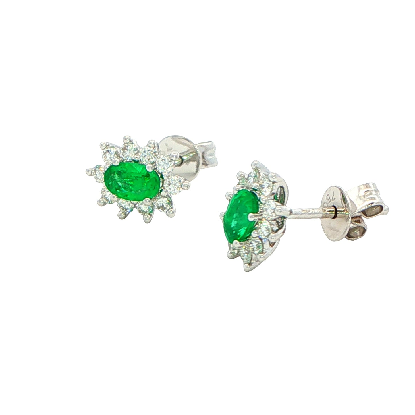 Oval shaped emerald and round brilliant cut diamond cluster style earrings