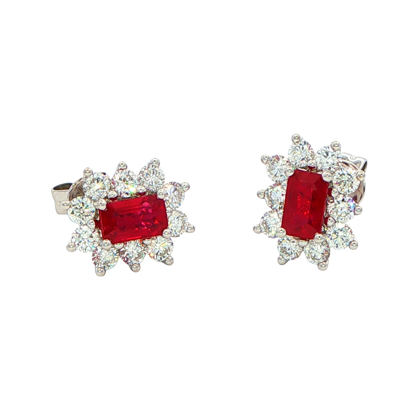 Octagonal shaped Ruby and round brilliant cut diamond cluster style earrings