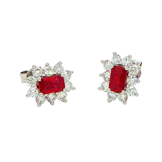 Octagonal shaped Ruby and round brilliant cut diamond cluster style earrings