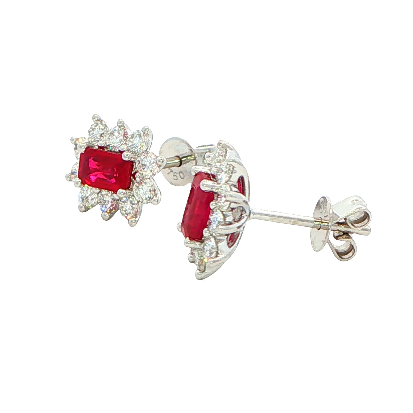 Octagonal shaped Ruby and round brilliant cut diamond cluster style earrings