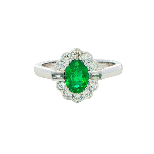 Oval emerald and diamond fancy cluster style ring Gardiner Brothers
