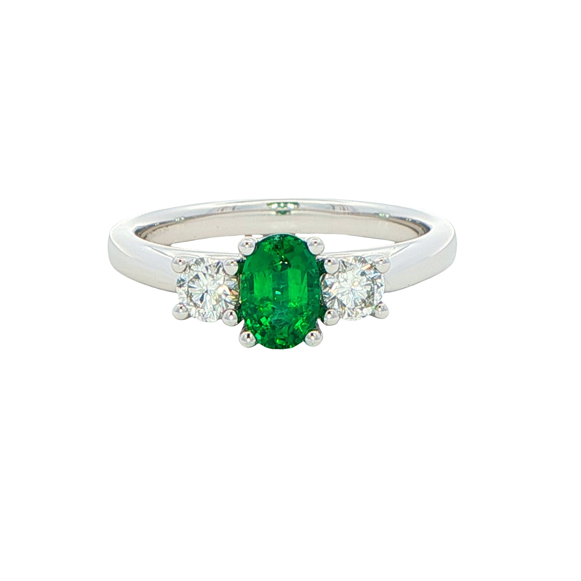 Oval Emerald and Round Brilliant Cut Diamond 3 Stone Ring Gardiner Brothers