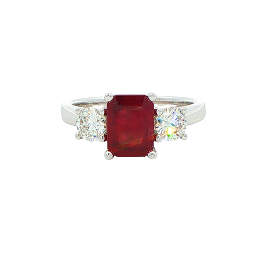 Octagonal shaped ruby with round brilliant cut diamond 3 stone ring Gardiner Brothers