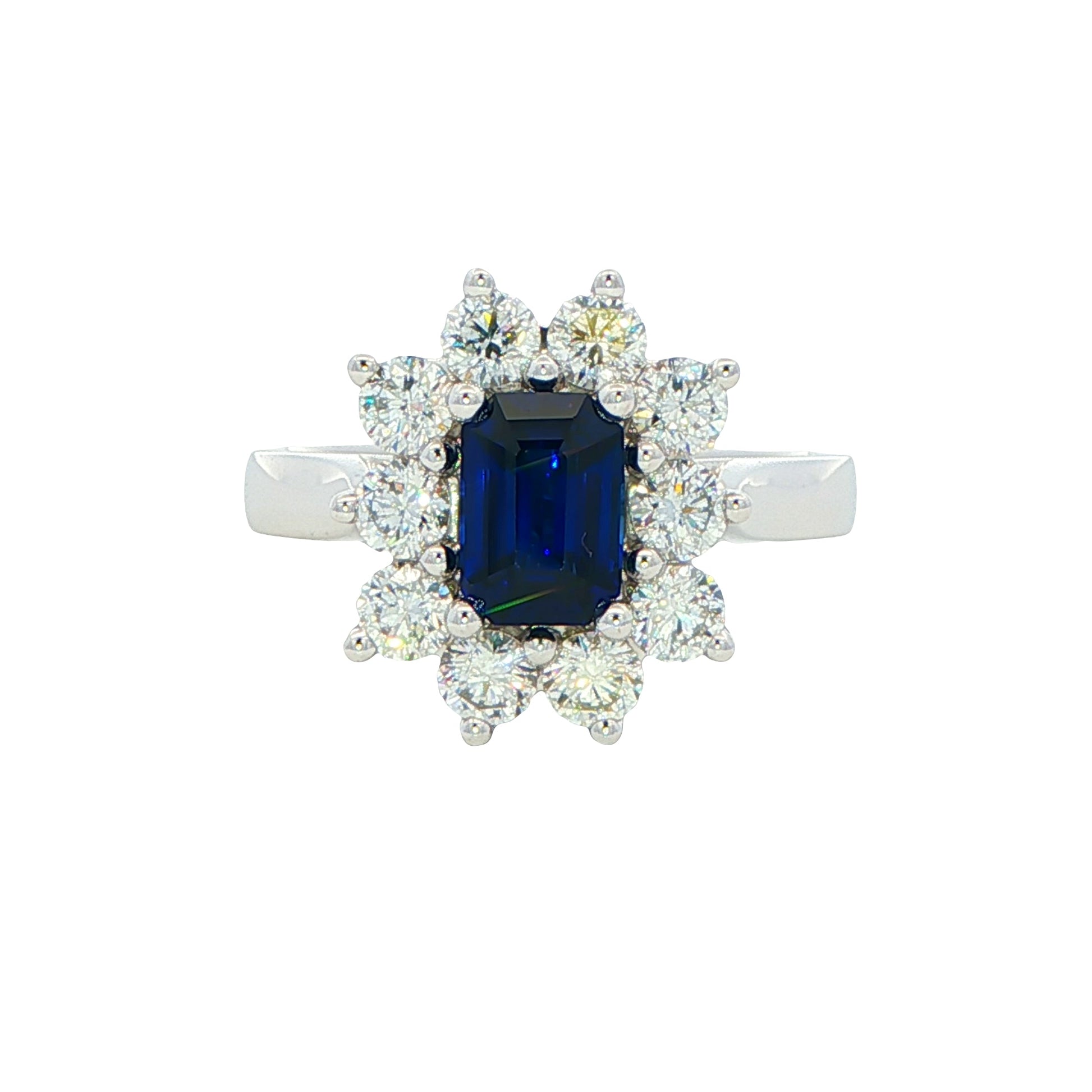 Octagonal Sapphire and round brilliant cut diamond cluster ring Gardiner Brothers