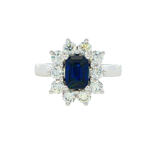 Octagonal Sapphire and round brilliant cut diamond cluster ring Gardiner Brothers