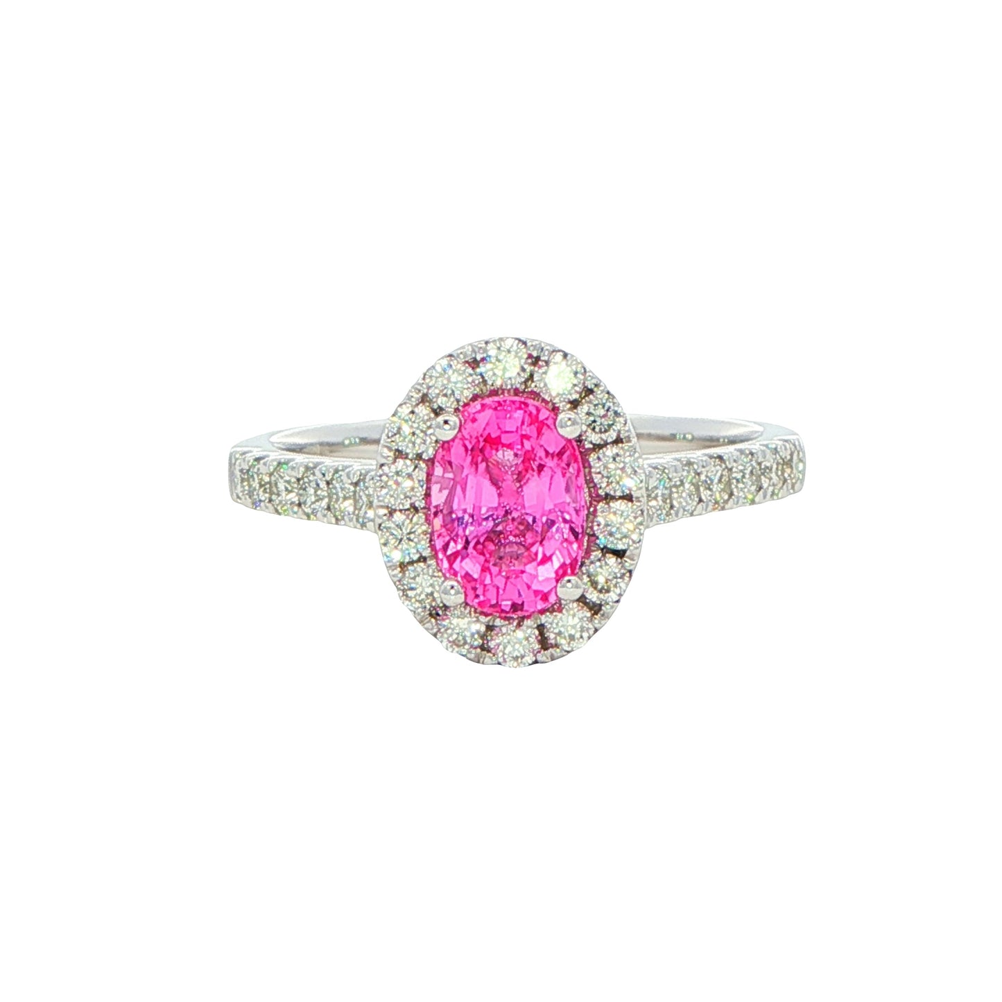 Pink Sapphire and diamond halo style ring Gardiner Brothers