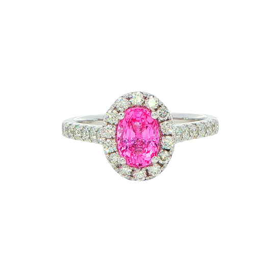 Pink Sapphire and diamond halo style ring Gardiner Brothers