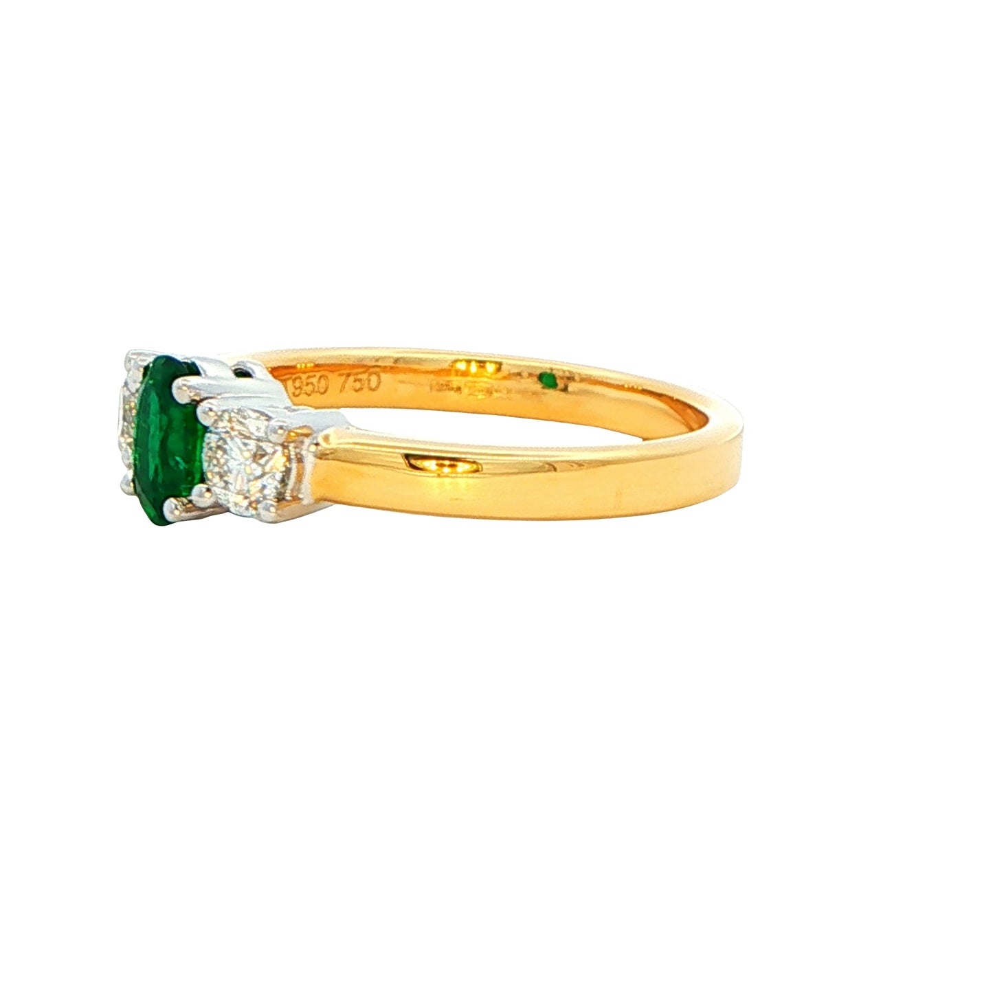 Oval emerald and round brilliant cut diamond 3 stone ring Gardiner Brothers