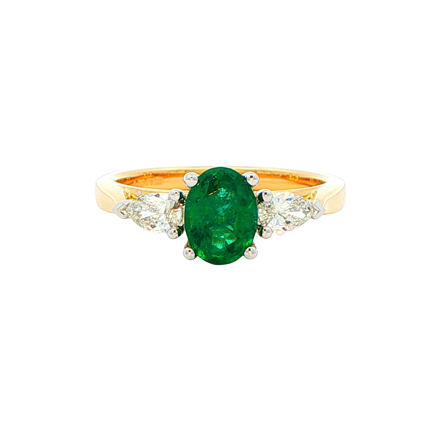 Oval emerald and pear shaped diamond 3 stone ring Gardiner Brothers