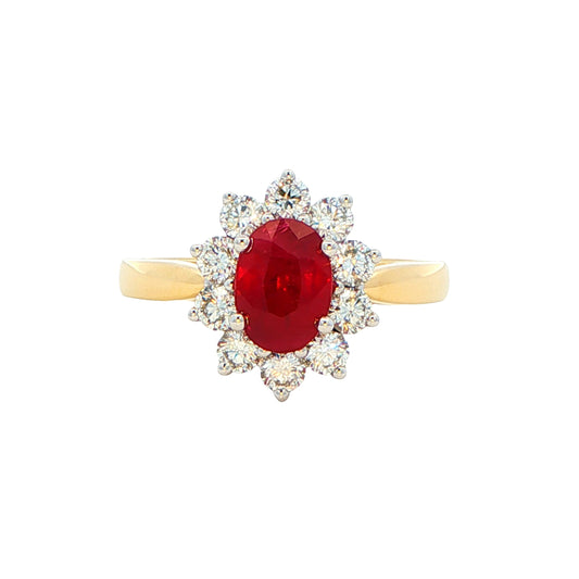 Oval Ruby and round brilliant cut Diamond Cluster Ring gardiner-brothers