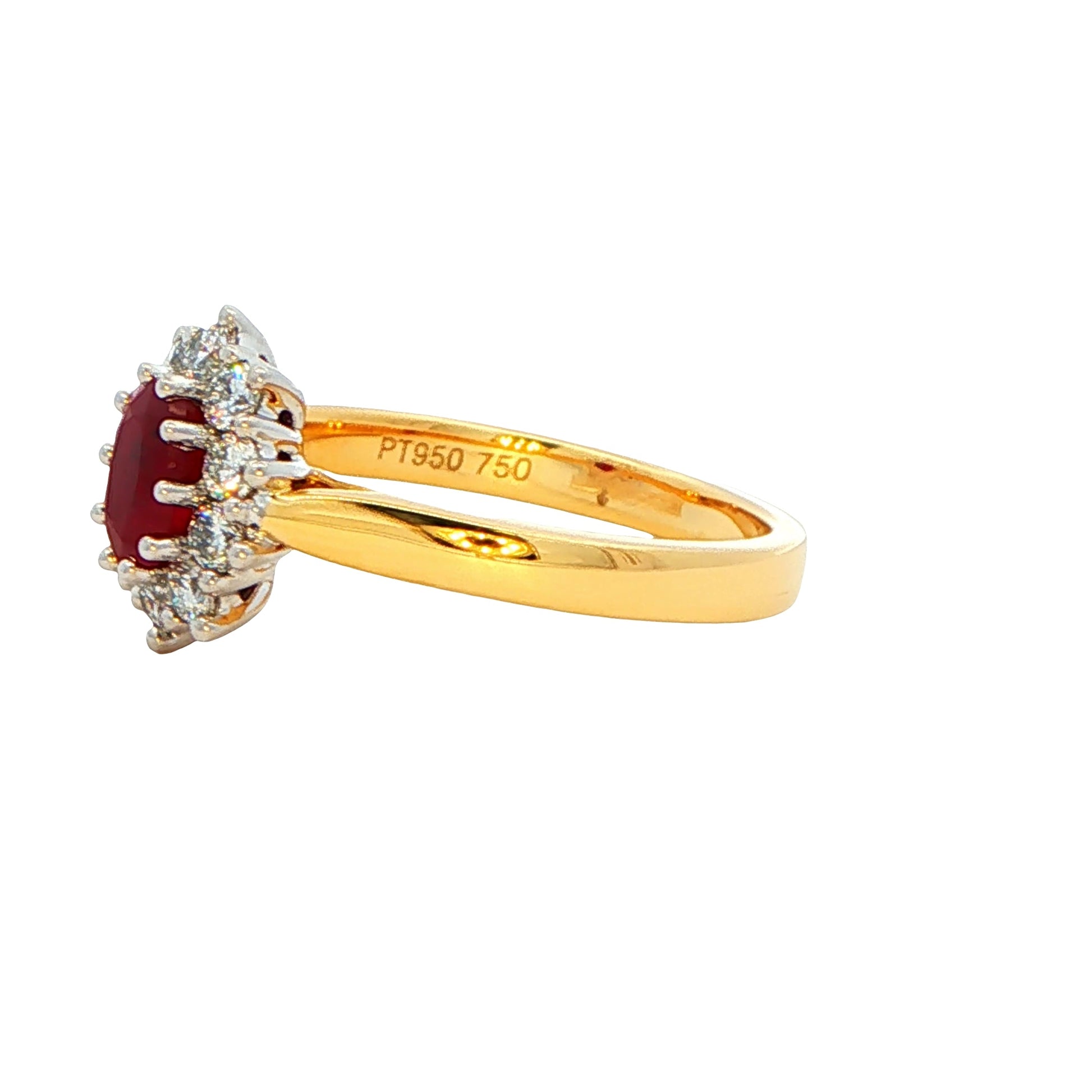 Oval Shaped Ruby and round brilliant cut diamond cluster style ring Gardiner Brothers