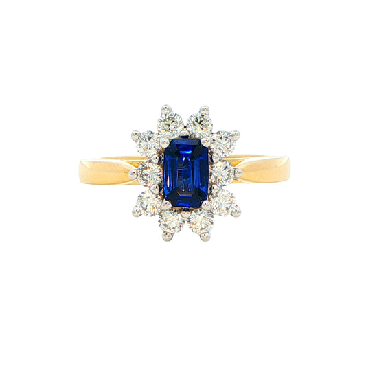 Octagonal Shaped Sapphire and round brilliant cut diamond cluster ring Gardiner Brothers