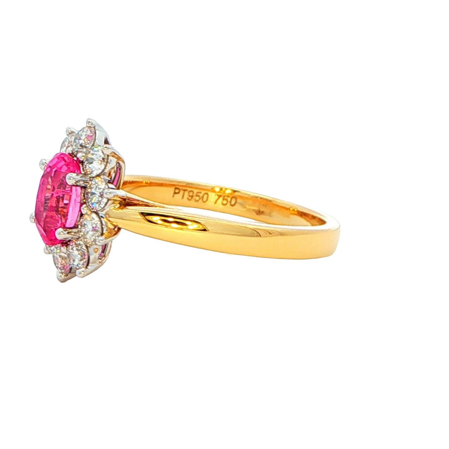 Oval shaped pink sapphire and round brilliant cut diamond cluster ring Gardiner Brothers