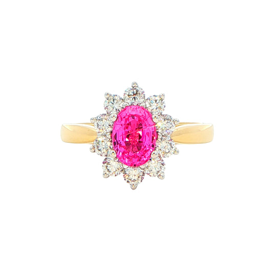 Oval shaped pink sapphire and round brilliant cut diamond cluster ring Gardiner Brothers