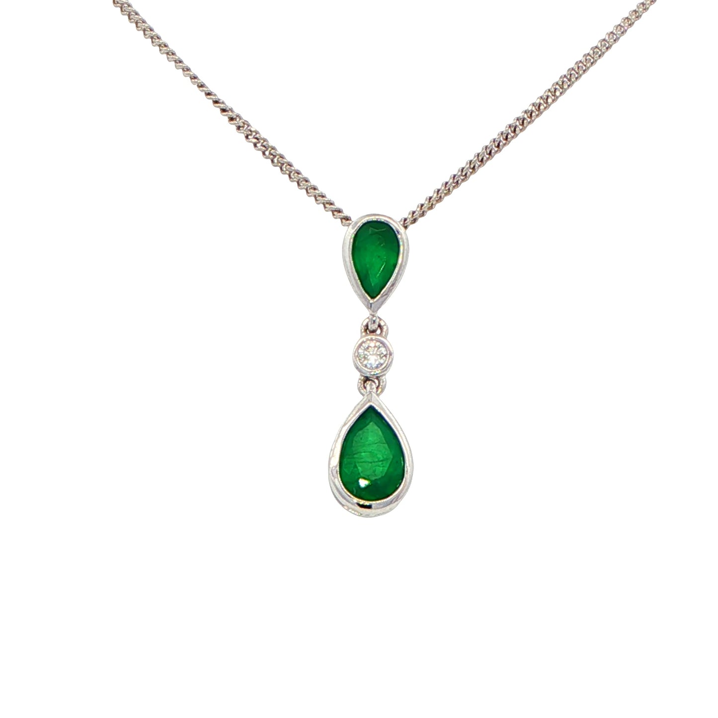 Pear Shaped Emerald and Round Brilliant Cut Diamond Drop Style Pendant Gardiner Brothers