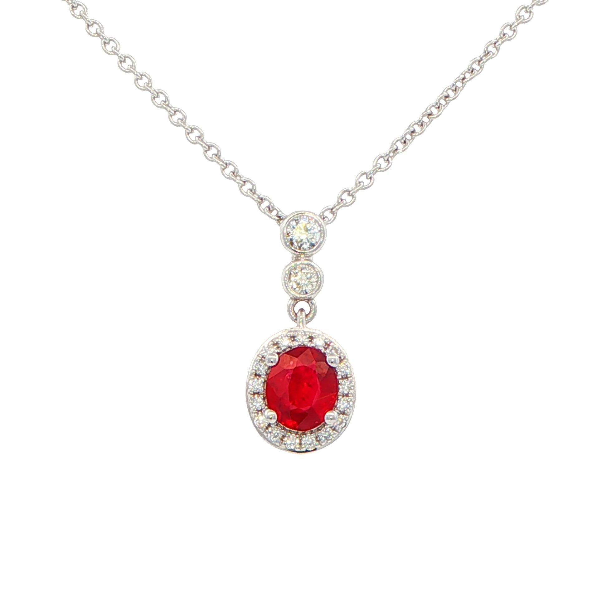 Ruby and Round Brilliant Cut Diamond Halo Drop Style Pendant Gardiner Brothers