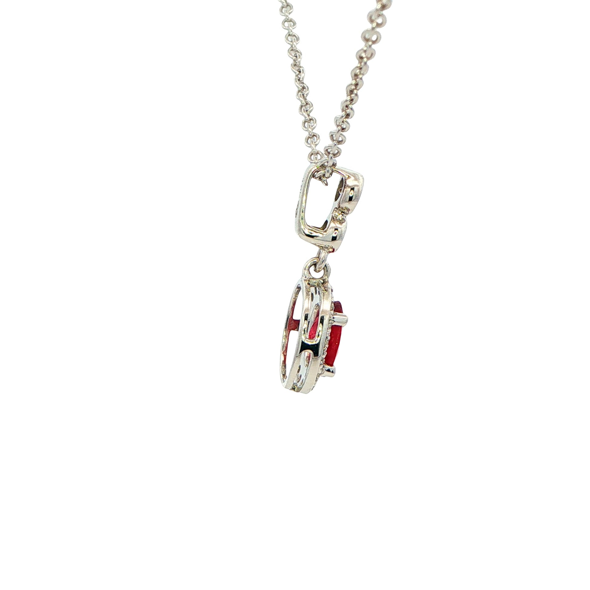 Ruby and Round Brilliant Cut Diamond Halo Drop Style Pendant Gardiner Brothers