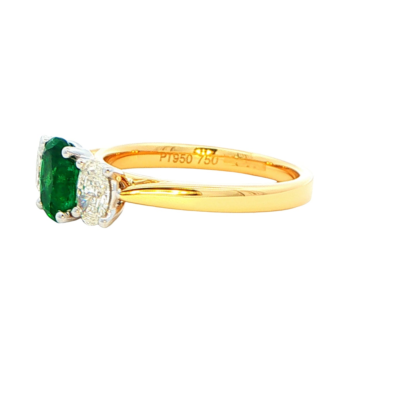 Oval shaped emerald and oval diamond 3 stone ring Gardiner Brothers