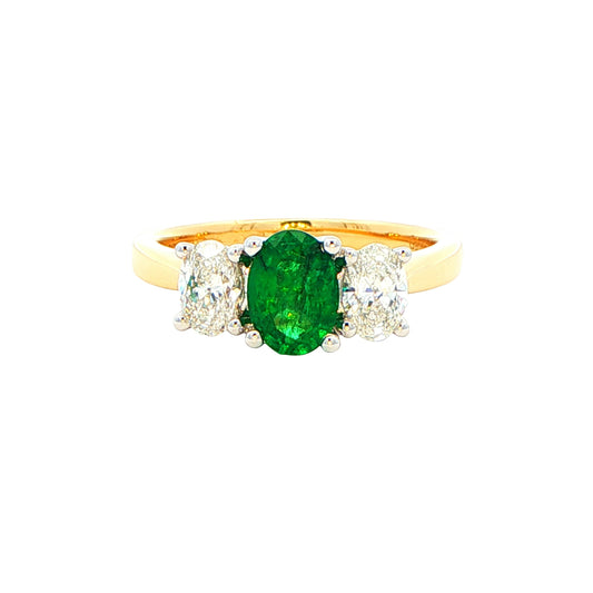 Oval shaped emerald and oval diamond 3 stone ring Gardiner Brothers