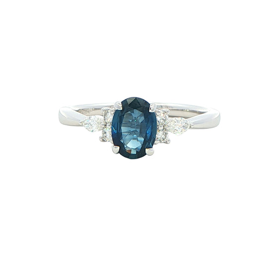Oval shaped sapphire with brilliant and Marquise diamond set shoudlers Gardiner Brothers