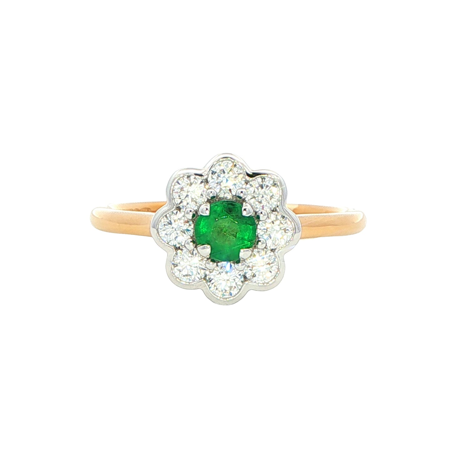 Round Emerald and round brilliant cut diamond cluster ring Gardiner Brothers