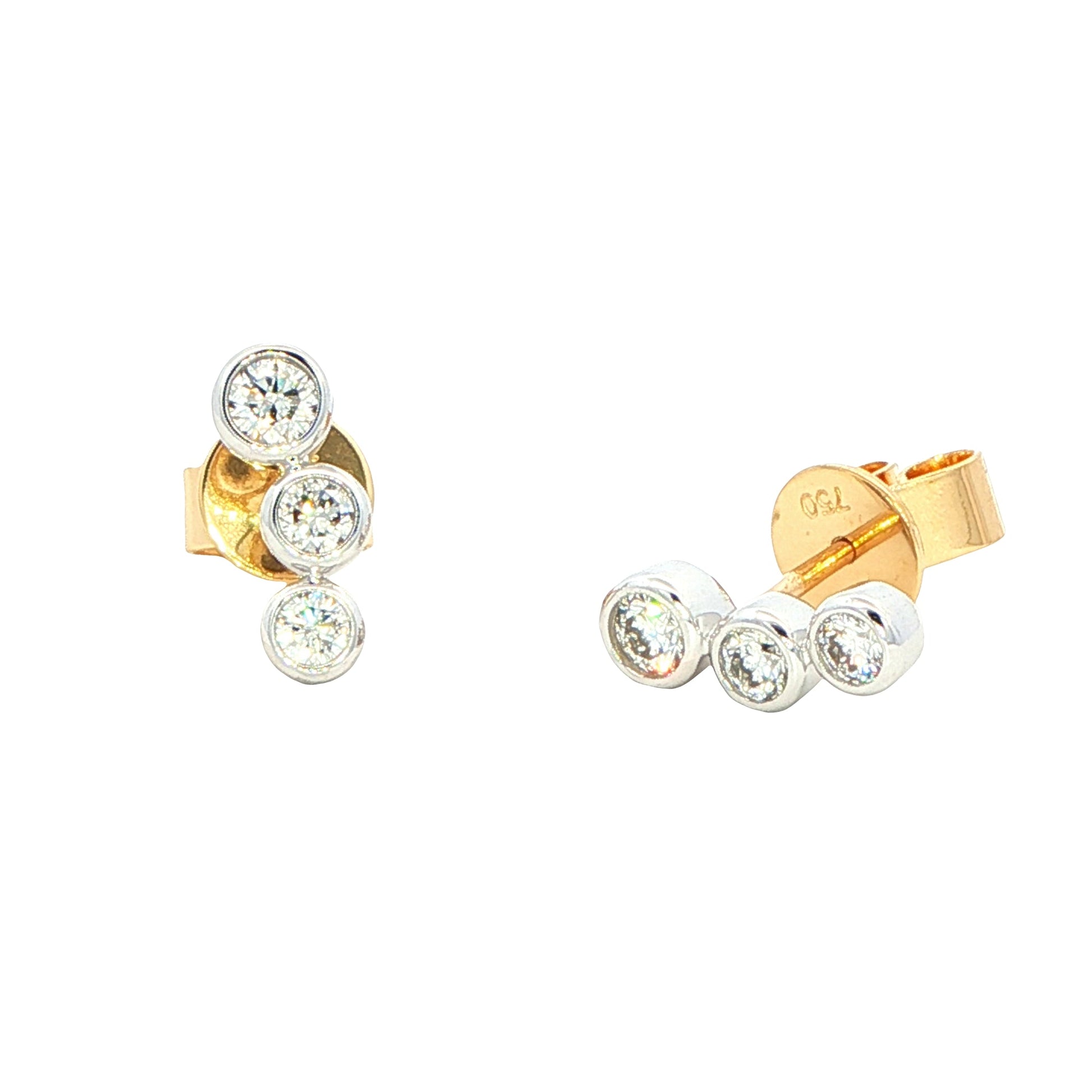 Yellow and White Gold Round Brilliant cut diamond 3 stone earring Gardiner Brothers