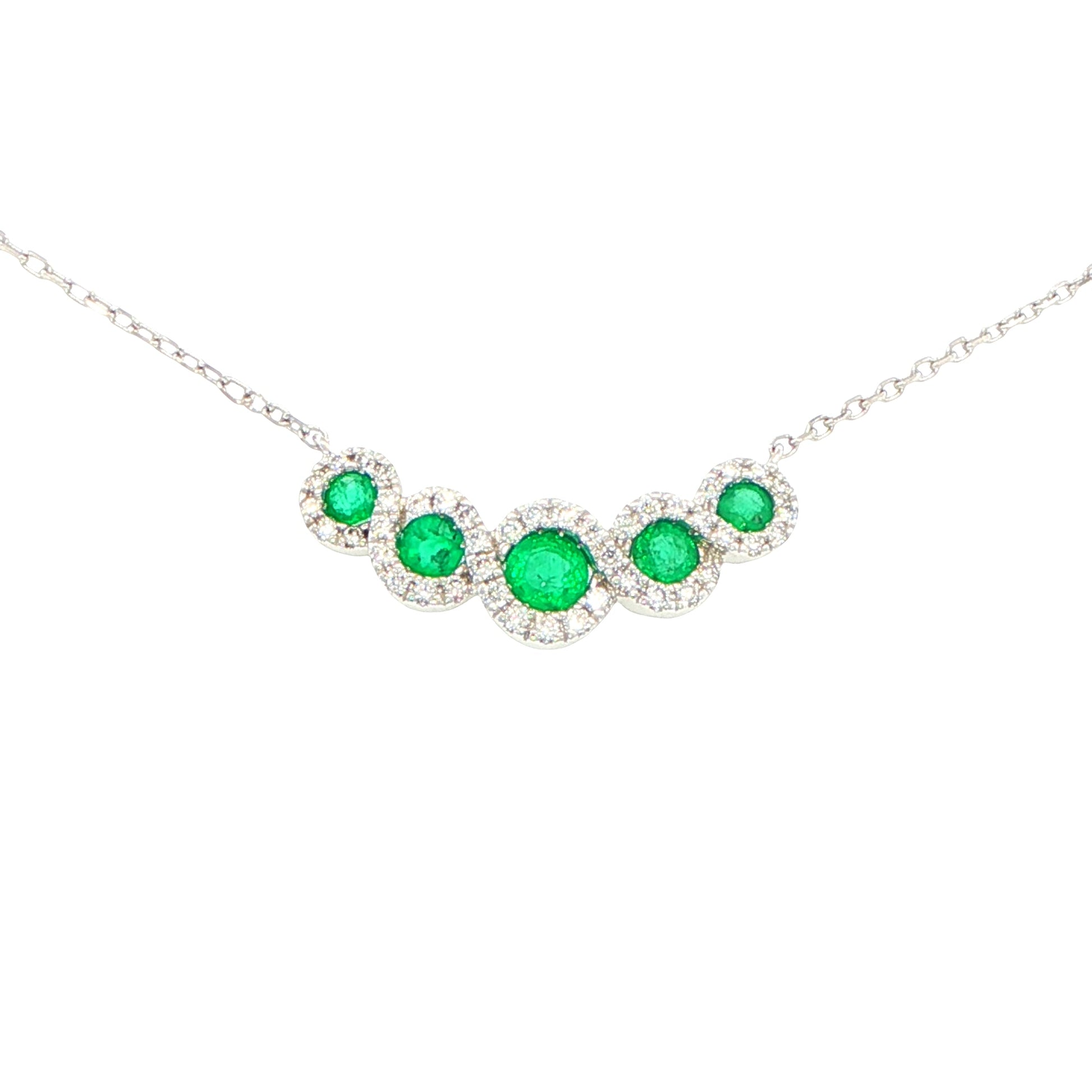 5 stone Emerald and round brilliant cut diamond halo style necklet Gardiner Brothers