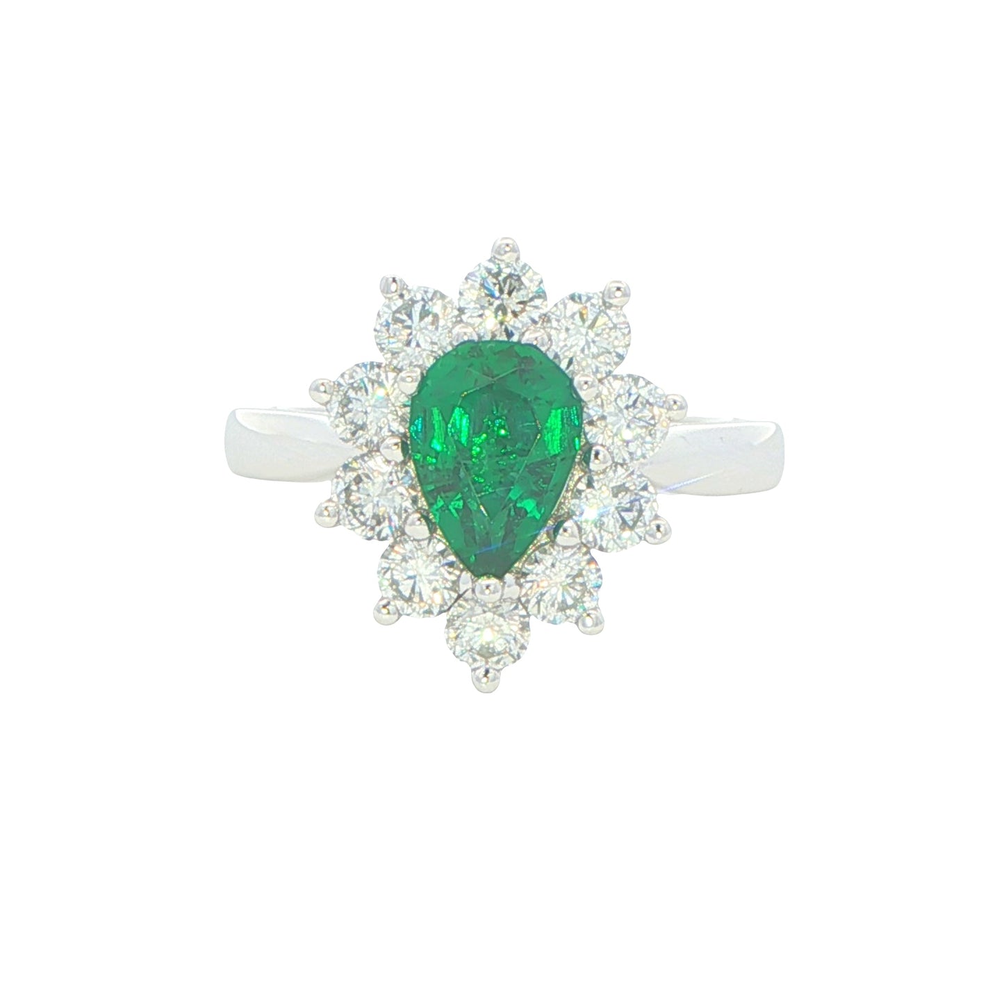 Pear Shaped emerald and round brilliant cut diamond cluster ring