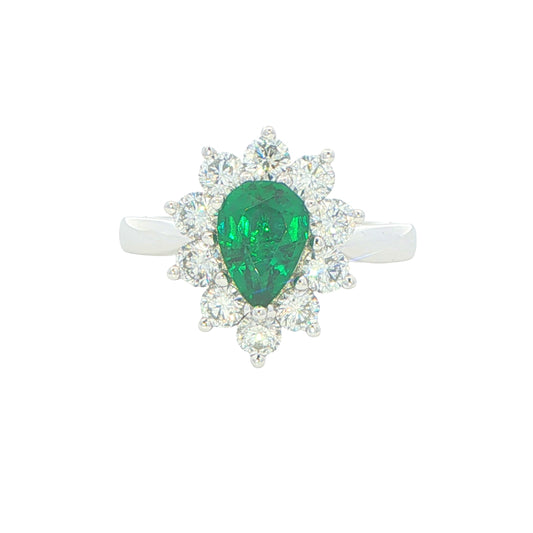 Pear Shaped emerald and round brilliant cut diamond cluster ring