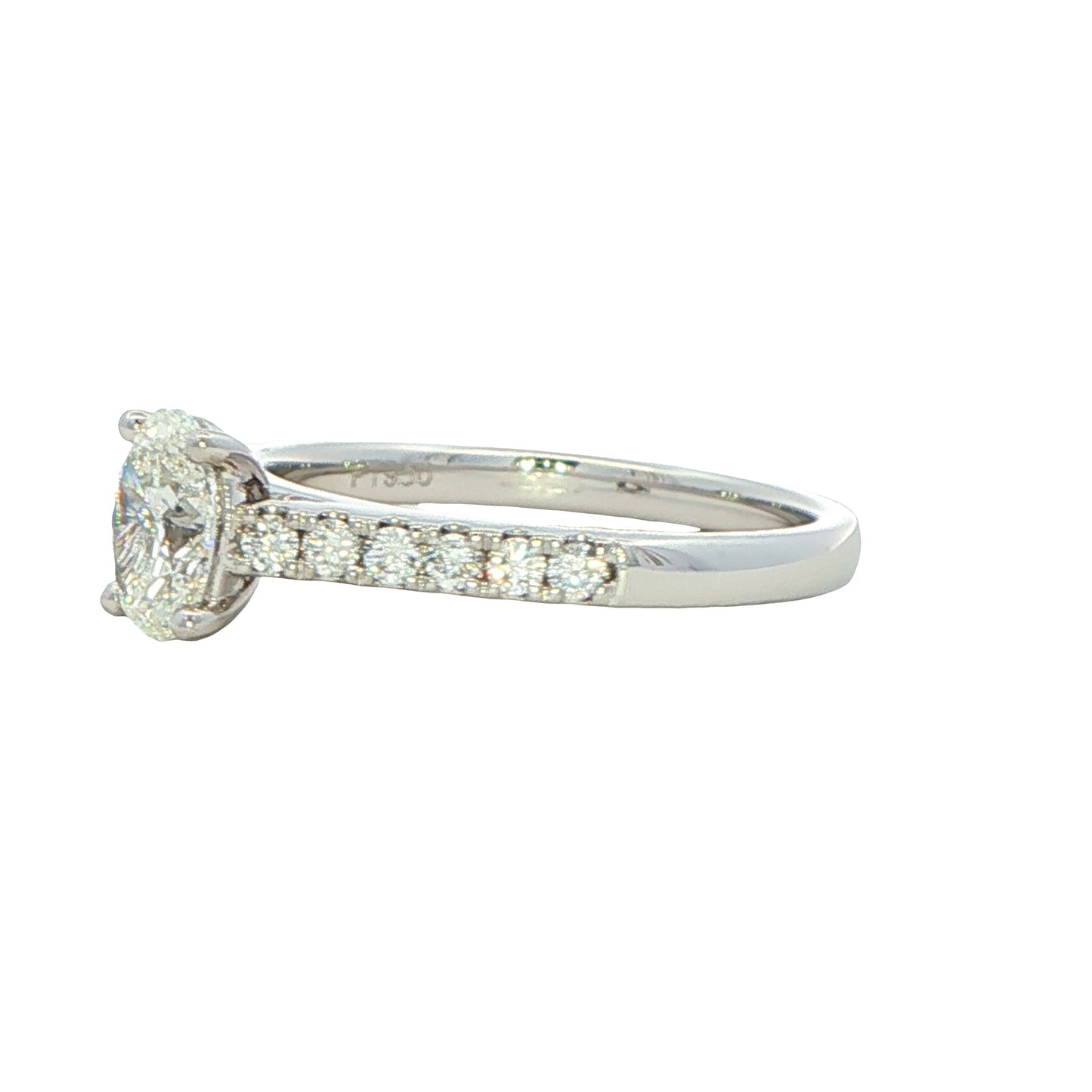 Oval shaped diamond solitaire with round brilliant cut diamond set shoulders - 0.95cts