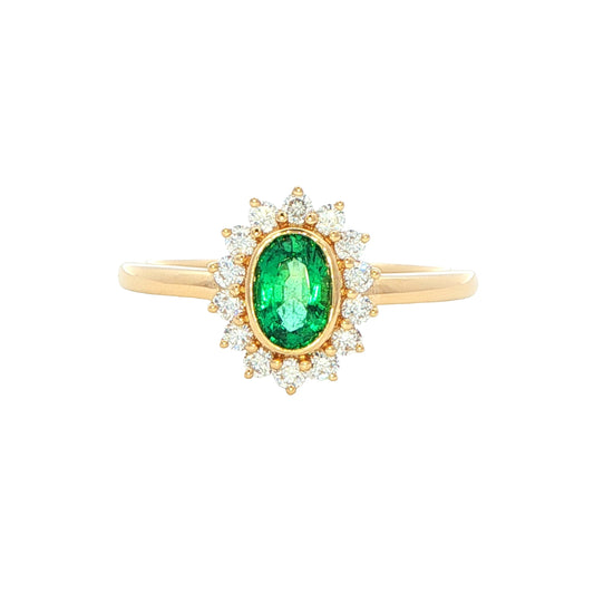 Oval emerald and round brilliant cut diamond cluster ring Gardiner Brothers