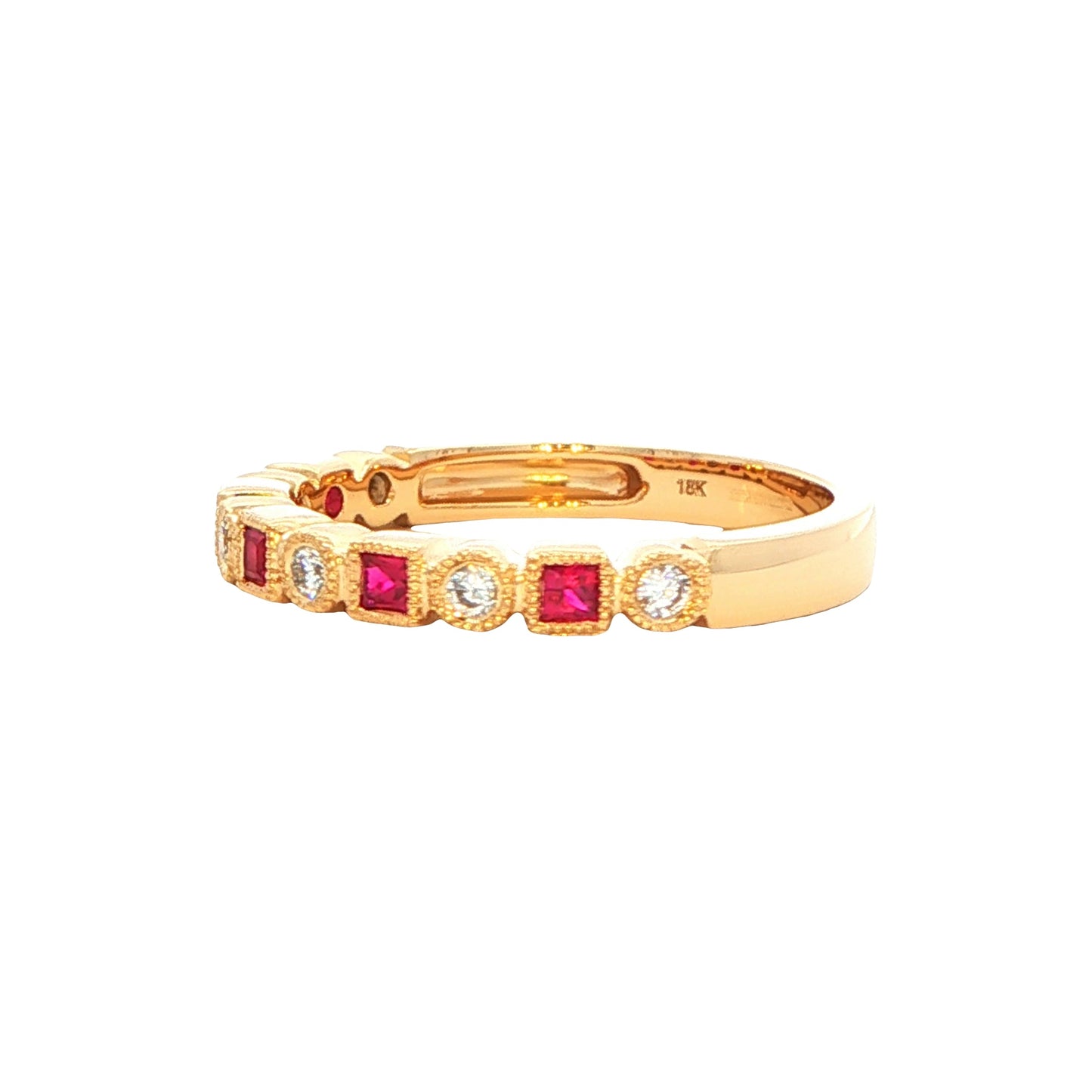 Square Ruby and round brilliant cut diamond dress ring