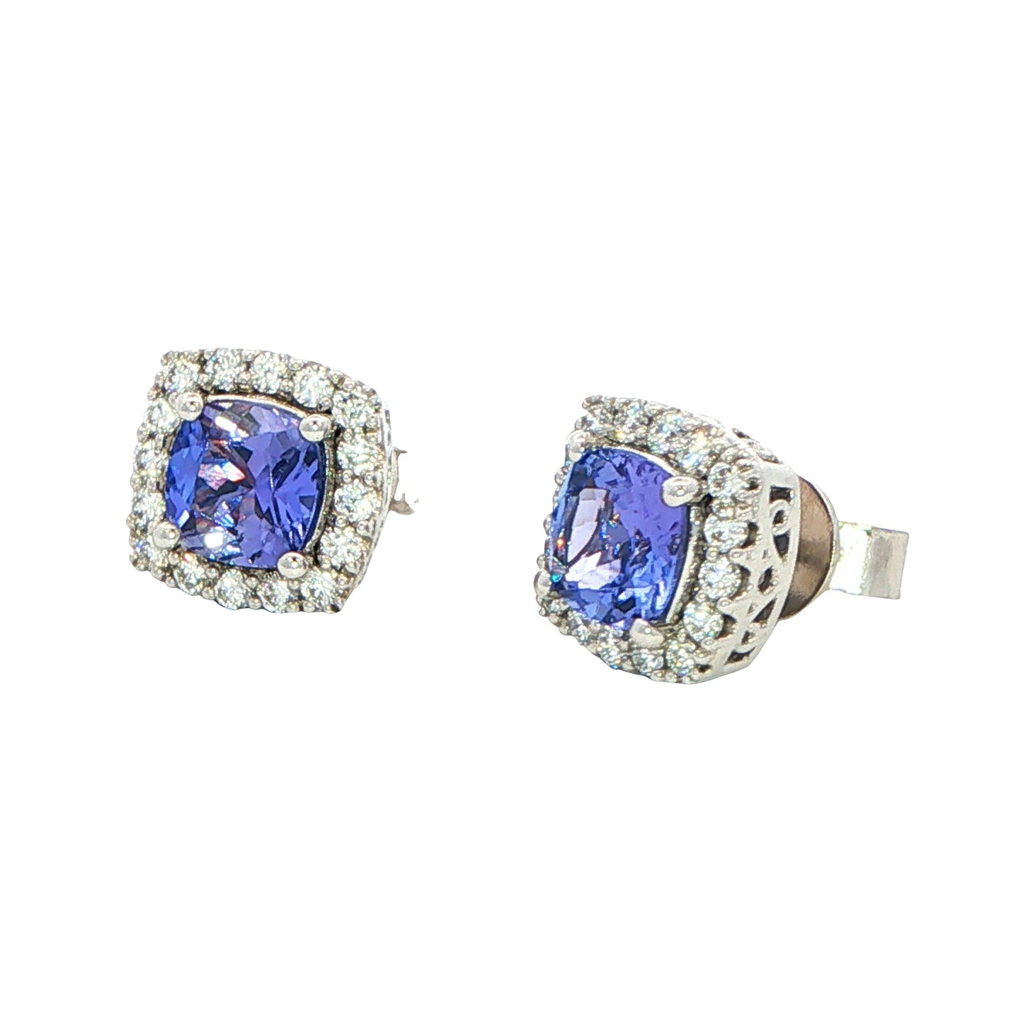 Cushion Shaped Tanzanite and round brilliant cut diamond halo earrings