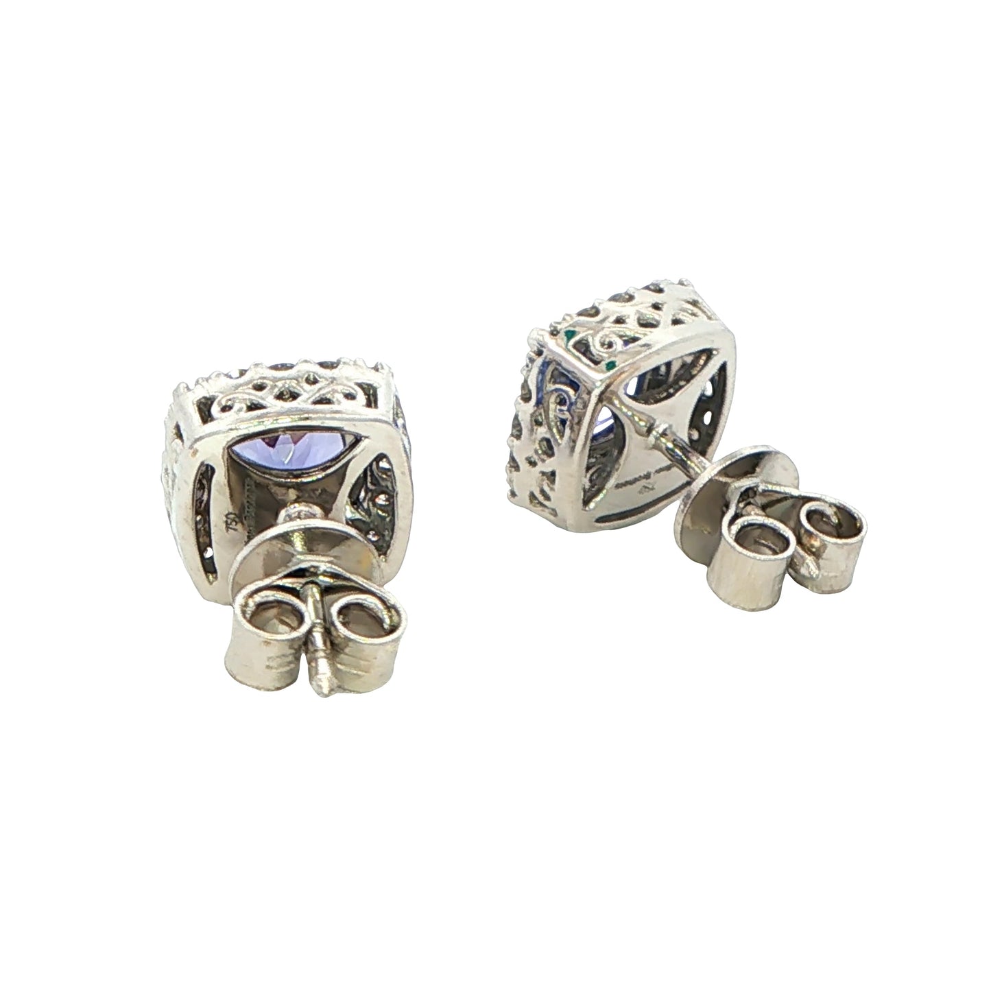 Cushion Shaped Tanzanite and round brilliant cut diamond halo earrings