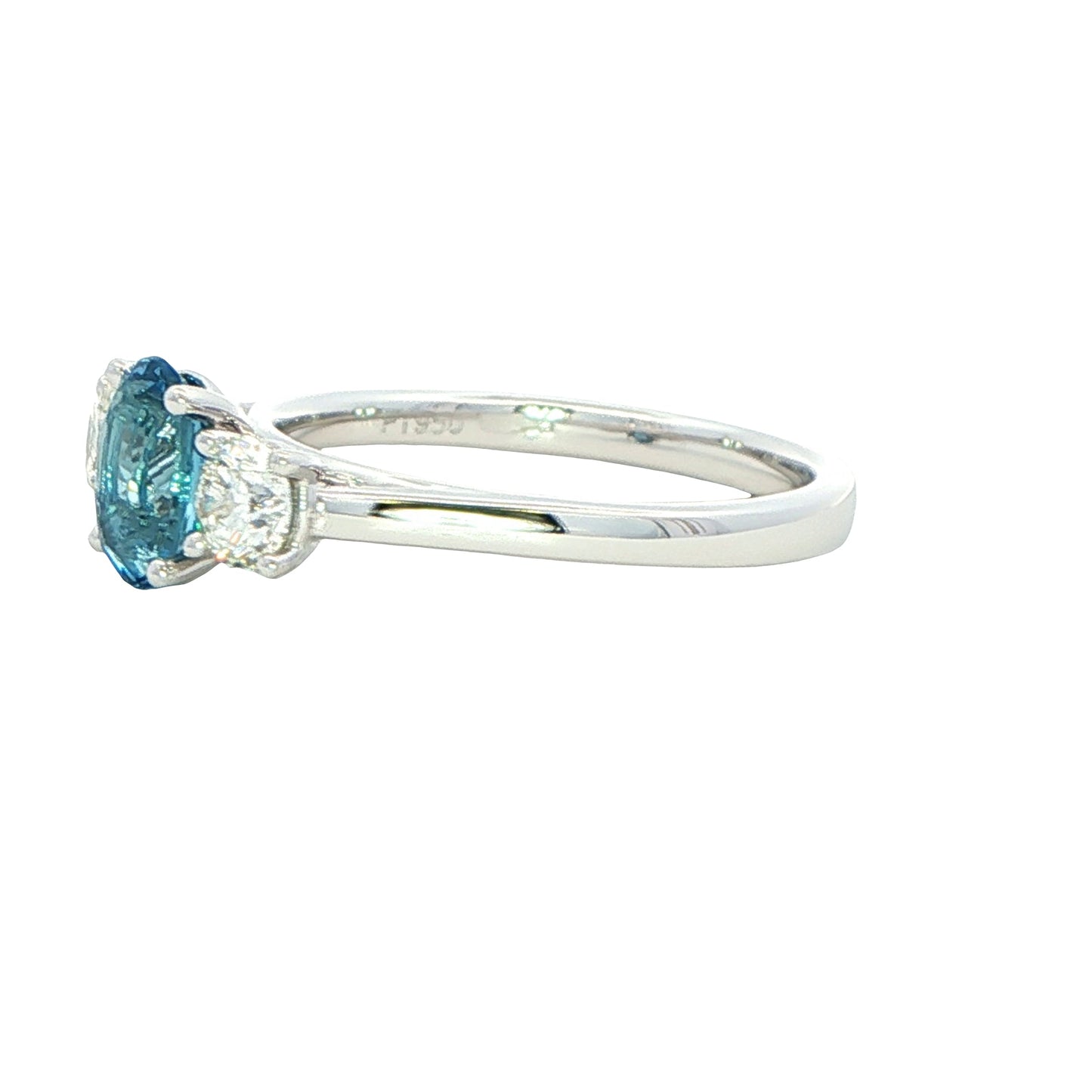 Oval shaped Aquamarine and round brilliant cut diamond 3 stone ring Gardiner Brothers