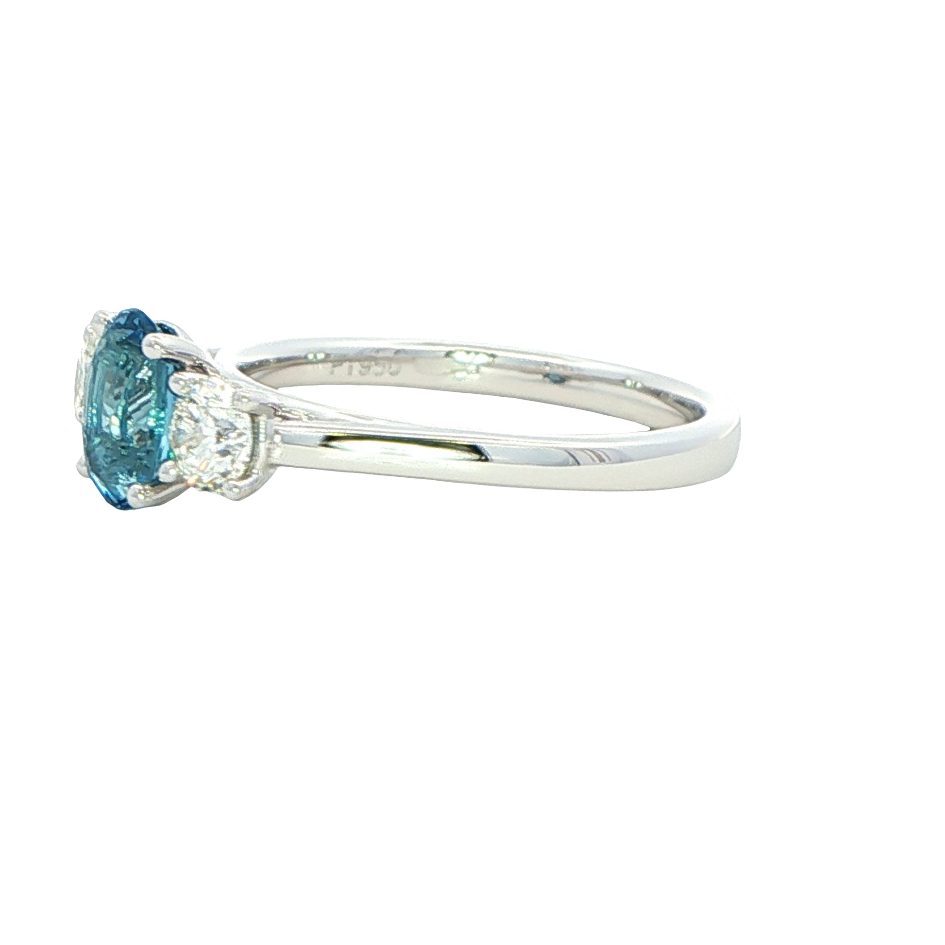 Oval shaped Aquamarine and round brilliant cut diamond 3 stone ring Gardiner Brothers