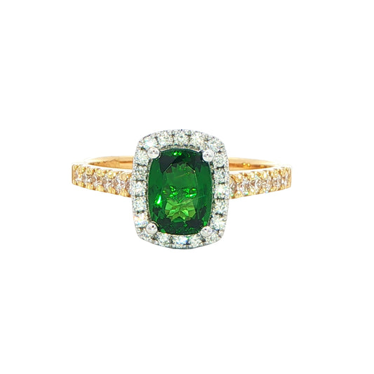 Tsavorite Garnet and round brilliant cut diamond halo cluster ring