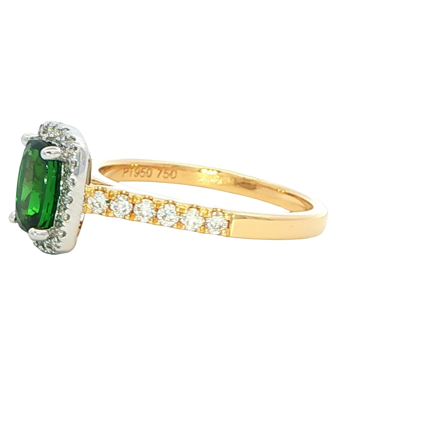 Tsavorite Garnet and round brilliant cut diamond halo cluster ring Gardiner Brothers