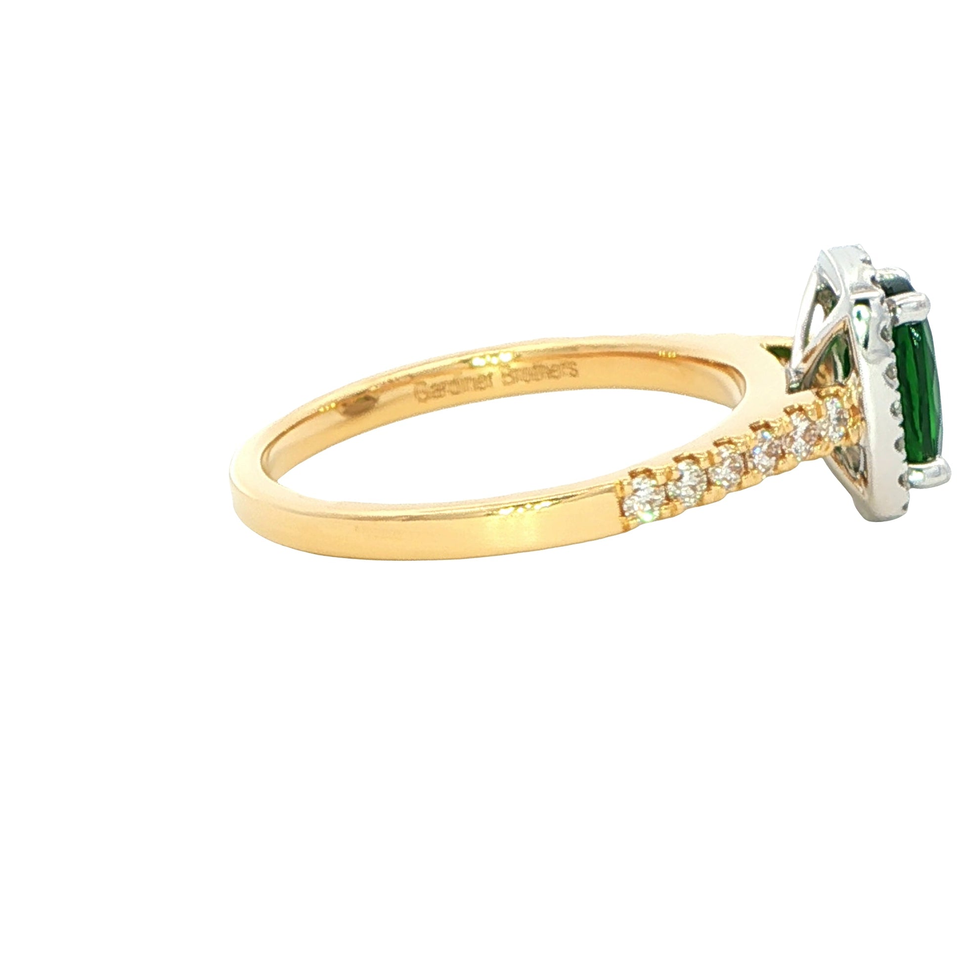 Tsavorite Garnet and round brilliant cut diamond halo cluster ring Gardiner Brothers