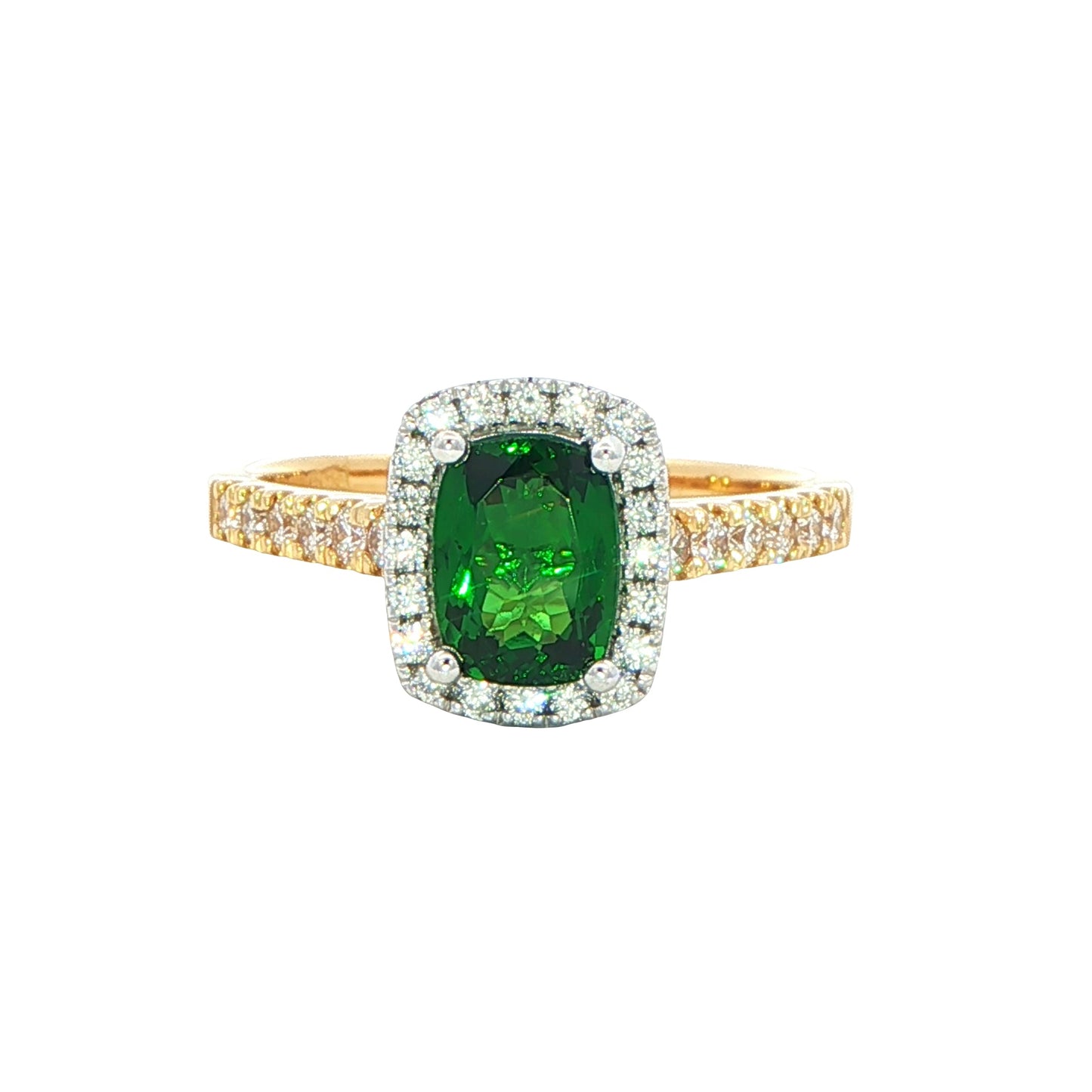 Tsavorite Garnet and round brilliant cut diamond halo cluster ring Gardiner Brothers